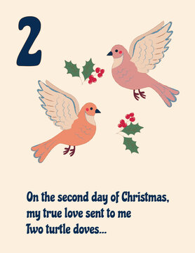 Festive drawing of two turtle doves flying with holly leaves and berries, representing the second day of Christmas. Vector art.
