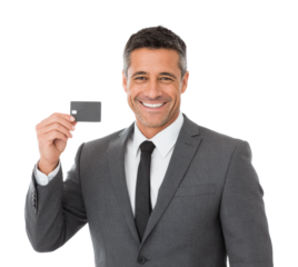 Businessman with credit card exuding confidence in office portrait isolated on transparent background