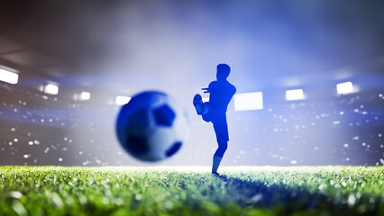 Professional soccer player kicking ball in crowded stadium during championship final match. 3D render