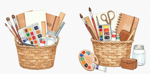 Watercolor illustration of two wicker baskets overflowing with various art supplies including paintbrushes, watercolors, notebooks, and scissors.