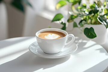 Fototapeta premium Minimalist desktop scene with coffee cup on wooden coaster near computer generative ai