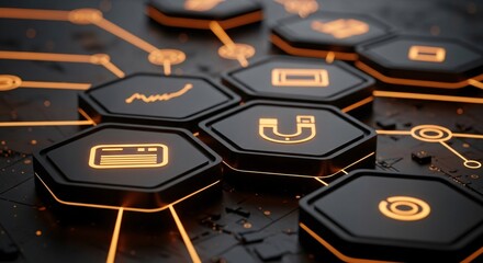 Modern technology icons on black for business strategy presentations