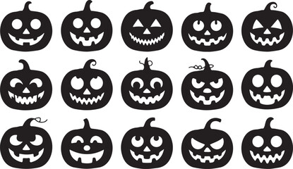 Collection of silhouetted jack o lantern faces with various expressive carvings on a white background