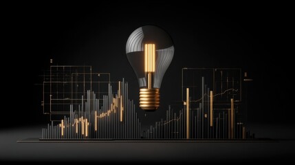 Conceptual illustration of a light bulb symbolizing innovation and creativity, surrounded by modern financial graphs and charts on a sleek black background