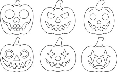 Fototapeta premium Set of six hand drawn outline illustrations of halloween pumpkins with carved faces for coloring pages