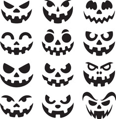 Collection of twelve spooky and scary halloween jack o lantern faces with different expressions