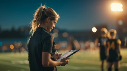 Female soccer coach observing players during night practice with clipboard in hand and stadium lights

 - Powered by Adobe