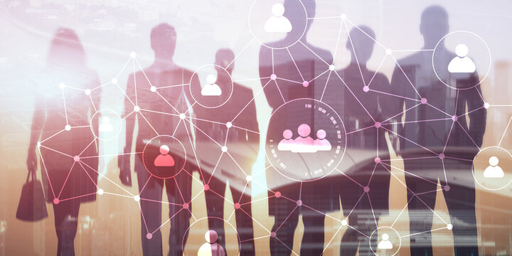 Businesspeople with digital social network icons and hologram overlay on city background - Powered by Adobe