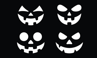 Four spooky hand drawn halloween jack o lantern faces glowing in the dark night