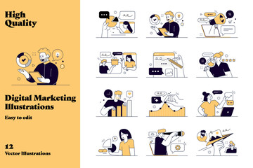 Flat vector illustration set of digital marketing, business growth, SEO, content strategy, social media, analytics, and teamwork. Perfect for websites, apps, presentations, and branding.