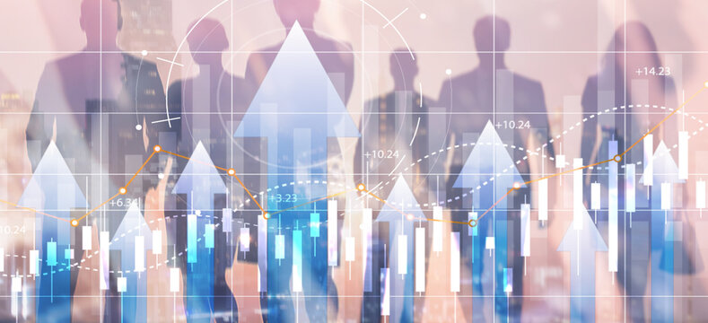 Businesspeople analyzing financial growth charts and data on digital screen