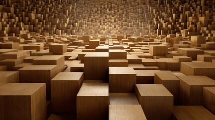 Fototapeta premium Abstract Wooden Cube Arrangement in a Spacious Environment with Soft Lighting and Textured Background for Architectural or Art Concepts