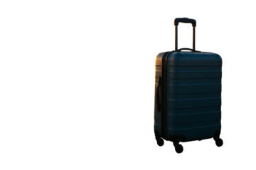 Dark blue hard shell suitcase with wheels and handle, isolated on white background, clean closeup layout, concept of travel and luggage. Ai generative