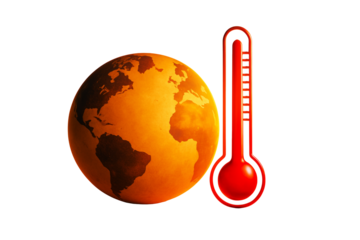 Earth globe with thermometer symbolizing rising global temperatures, isolated graphic style on white background, concept of climate change. Ai generative