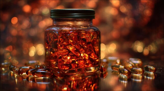 Captivating Glass Jar Filled with Golden Capsules and Glimmering Background for Health and Wellness Imagery