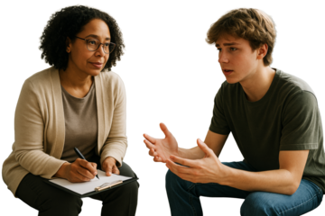 Therapist and teenage boy in a counseling session, realistic style, isolated on white background, concept of social issues and mental health. Ai generative