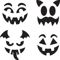 Four spooky halloween pumpkin carving stencils featuring different scary and funny faces