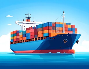 Stylized container ship carrying colorful cargo in a vast blue ocean under a bright sky, with clouds