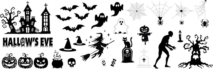 Halloween collection of black silhouettes. Isolated spooky stickers, magic elements, doodle clip art set for Halloween party decor. Witch, ghosts, pumpkins, skulls, haunted houses. Vector bundle.