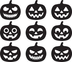 Collection of nine black silhouette halloween jack o lantern pumpkin faces with various expressions