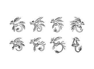 Set of eight stylized seahorse illustrations.