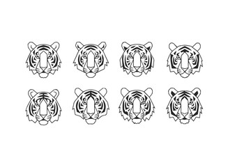 Set of Eight Stylized Tiger Face Illustrations.
