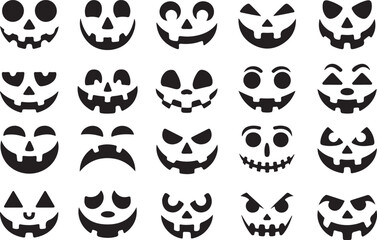 Collection of 25 unique hand drawn black and white halloween pumpkin faces and jack o lantern carvings