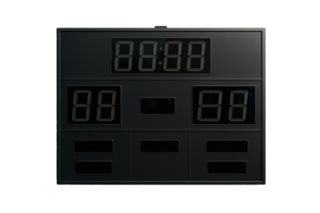 Black electronic scoreboard with blank digital displays, clean isolated style on white background, concept of sport score element. Ai generative