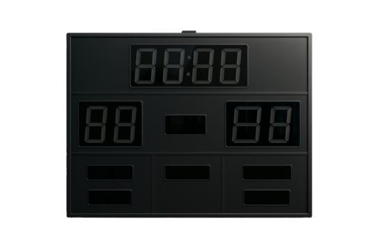Black electronic scoreboard with blank digital displays, clean isolated style on white background, concept of sport score element. Ai generative - Powered by Adobe