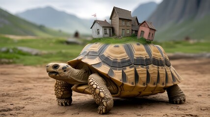 Giant tortoise carrying a tiny village and trees on its shell, surreal fantasy art symbolizing patience, strength, and imagination
