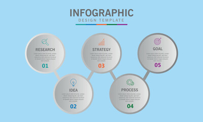 Fototapeta premium Modern infographic design template showing research, idea, strategy, process, and goal steps on light blue background for business presentation visuals