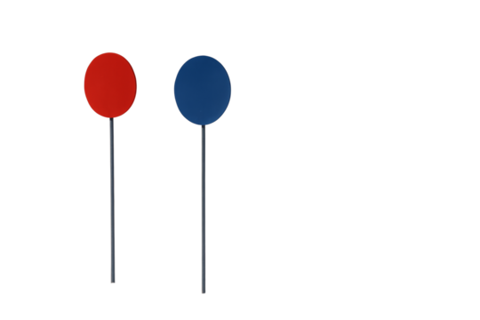 Two round red and blue sport markers on thin black sticks isolated on clean white background, concept of training or game element. Ai generative