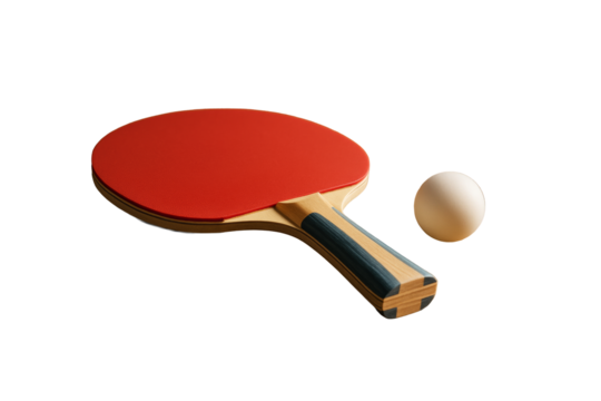Table tennis paddle with red rubber surface and ball, isolated cutout style on white background, clean sport concept layout. Ai generative