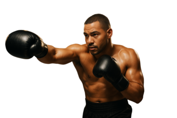 Muscular male boxer wearing black gloves in punching stance, isolated style on white background, concept of sport strength and determination. Ai generative