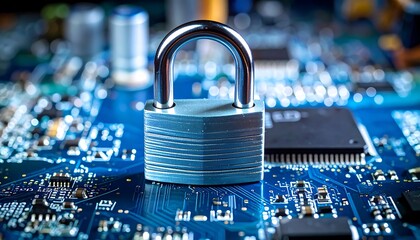 Padlock on circuit board.  Secure technology