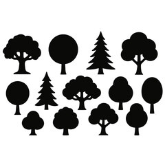 Set of black tree silhouettes showing various forest and nature shapes in minimal style.