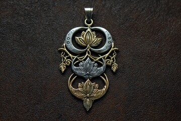 Triple Goddess Symbol with Moon, Lotus, and Vines in Silver and Gold