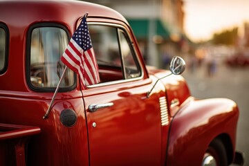 Truck American Flag. Classic 1950s Red Pickup Car with American Flag on Side View