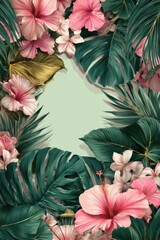 Tropical Border. Palm Leaf and Blossom Bouquet in Green Vintage Frame