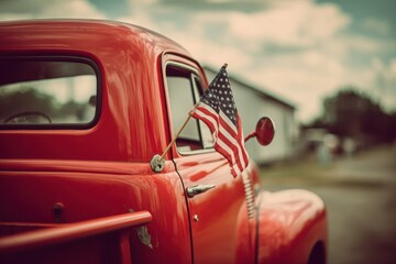 Truck American Flag: Classic 1950s Red Pickup Close-Up with Waving American Flag