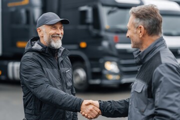 Truck Handshake. Truck Driver and Dispatcher Greeting in Car Park