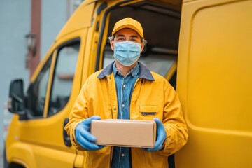 Truck Driver Coronavirus. Young Caucasian Worker in Courier Business, Delivering Cargo with Protection Mask