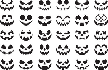 Collection of 36 hand drawn black and white halloween jack o lantern faces with various expressions © HAFIJA KHATUN