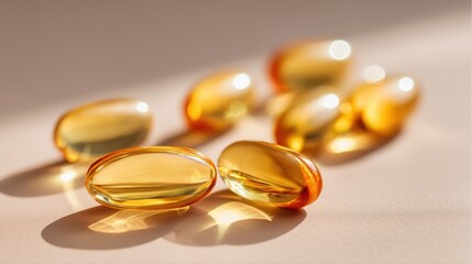 Close-Up of Glimmering Gel Capsules on a Soft Surface, Highlighting Their Transparent Texture and Rich Amber Color in Natural Light