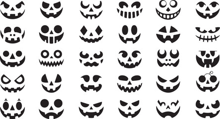Collection of diverse black and white spooky halloween pumpkin faces and jack o lantern expressions