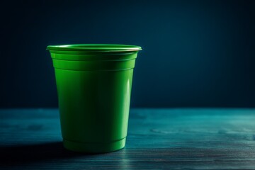 Single vibrant green plastic cup on a dark surface.