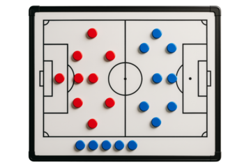 Soccer tactic board with red and blue magnetic pieces, isolated style on white background, concept of sport strategy and planning. Ai generative