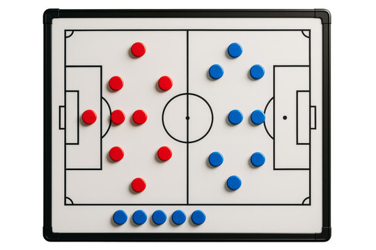 Soccer tactic board with red and blue magnetic pieces, isolated style on white background, concept of sport strategy and planning. Ai generative