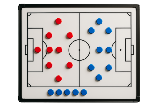 Soccer tactic board with red and blue magnetic pieces, isolated style on white background, concept of sport strategy and planning. Ai generative