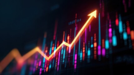 Abstract financial graph showing upward trend with illuminated candlestick chart and vibrant colors representing market analysis and data visualization concepts